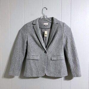 NWT LOFT‎ Women's Blazer Herringbone Gray Knit Elbow Patch Sz 2P 100% Cotton